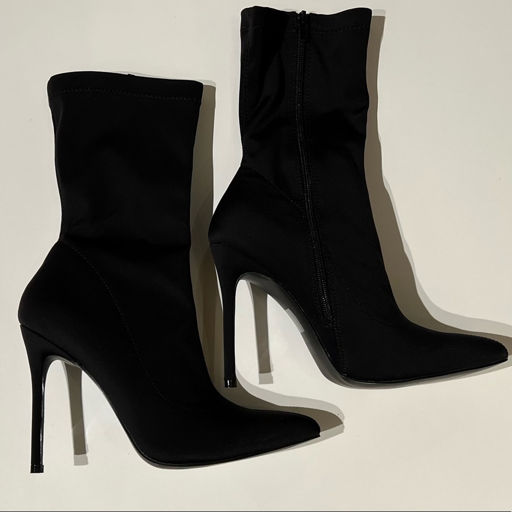 Nylon pointy toe black stiletto ankle booties